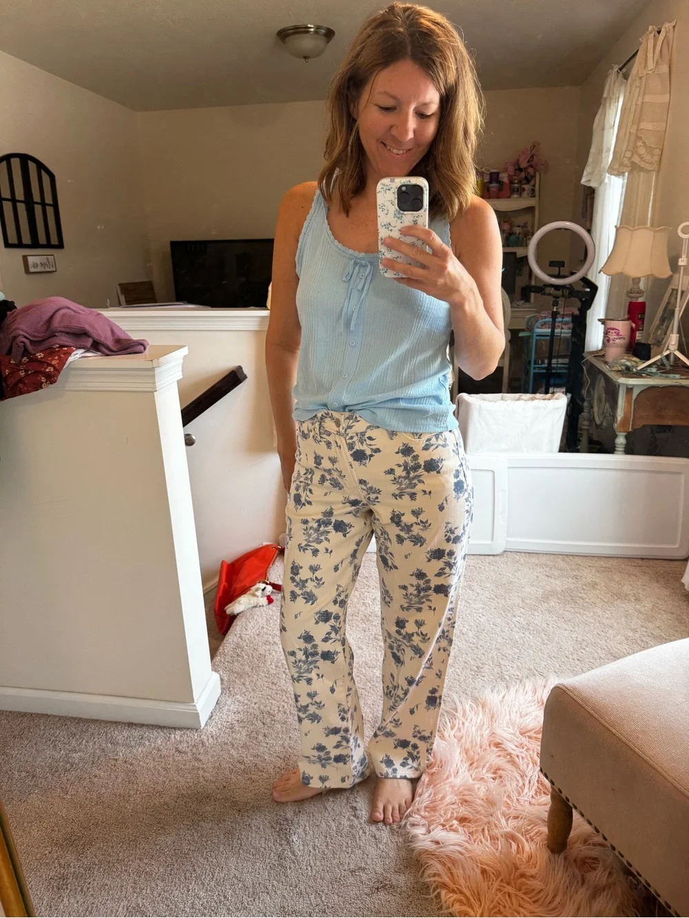 Old Navy Blue Floral curvy Heighway waisted loose jeans